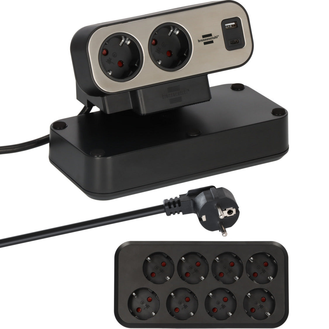 Brennerstuhl brennerstuhl®estilo prise duplex, 1x USB C, 1x USB A, 10x prises de sécurité, argent noir - 1153580200