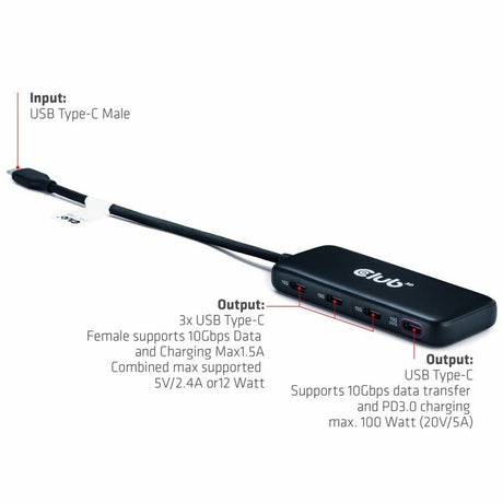 Hub de données Club 3D USB-C 4 ports 10G avec hub USB PD3.0 (noir)