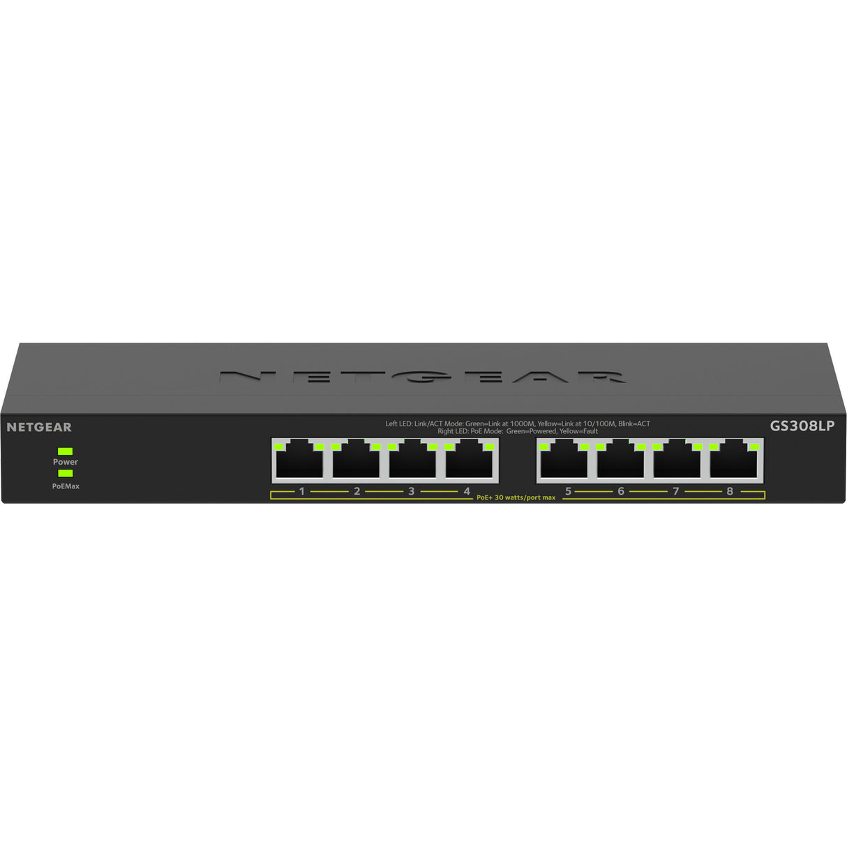 Netgear 8-poorts gigabit ethernet unmanaged poe+ essentials switch (gs308lp) (zwart, 60 watt poe)
