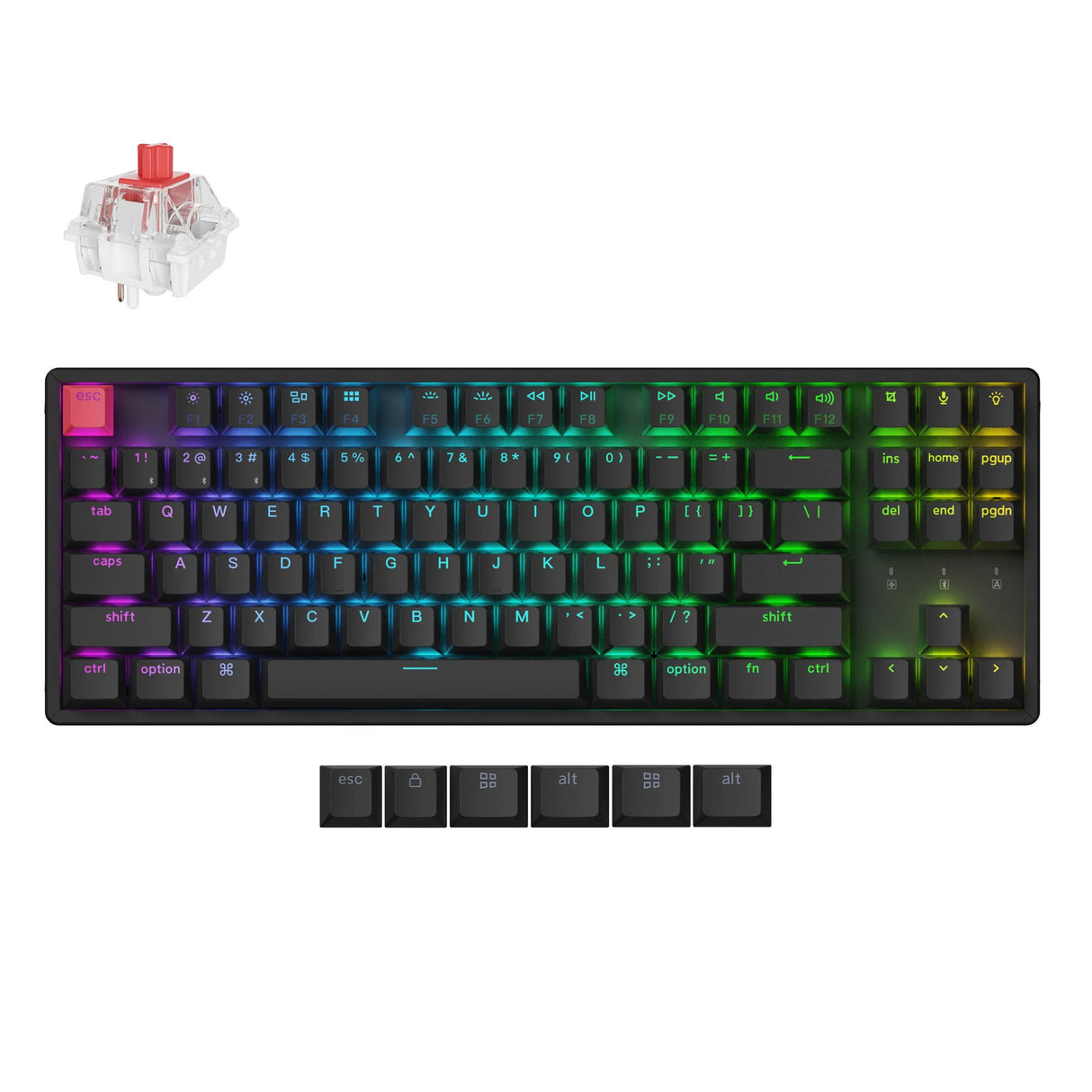 Clavier mécanique Keychron k8x-c1 RVB (noir, disposition américaine (qwerty), super rouge, 80 % (tkl), RVB, touches pbt double prise cerise, Bluetooth | USB-C)