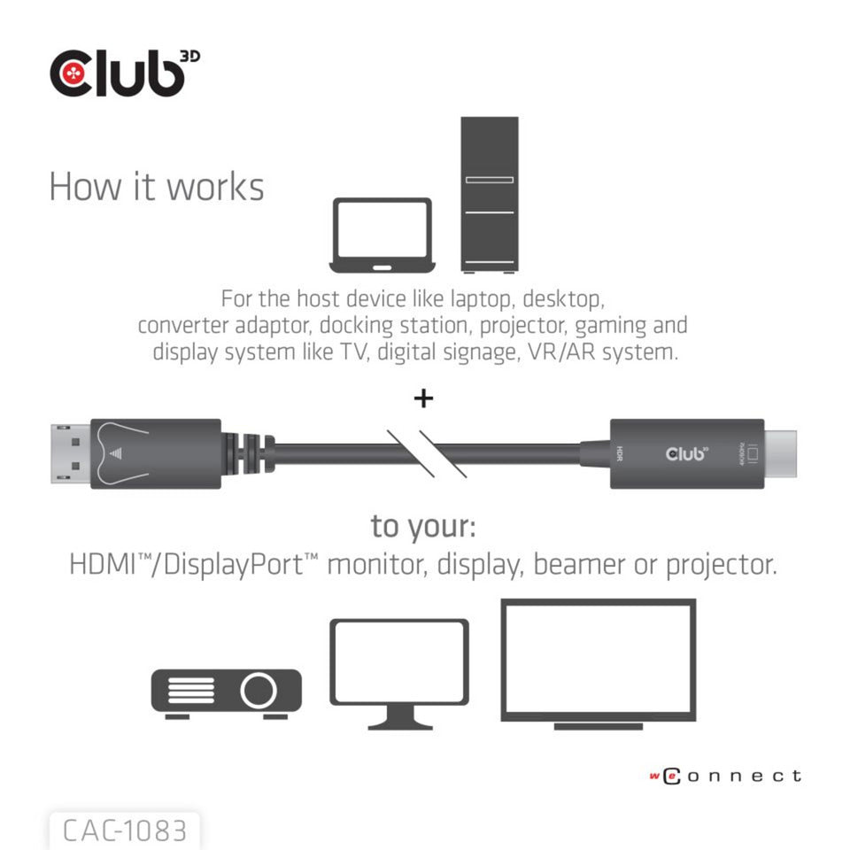 Câble adaptateur Club 3D DisplayPort 1.4 vers HDMI 4K60 Hz (noir, HDR M M 2 m)