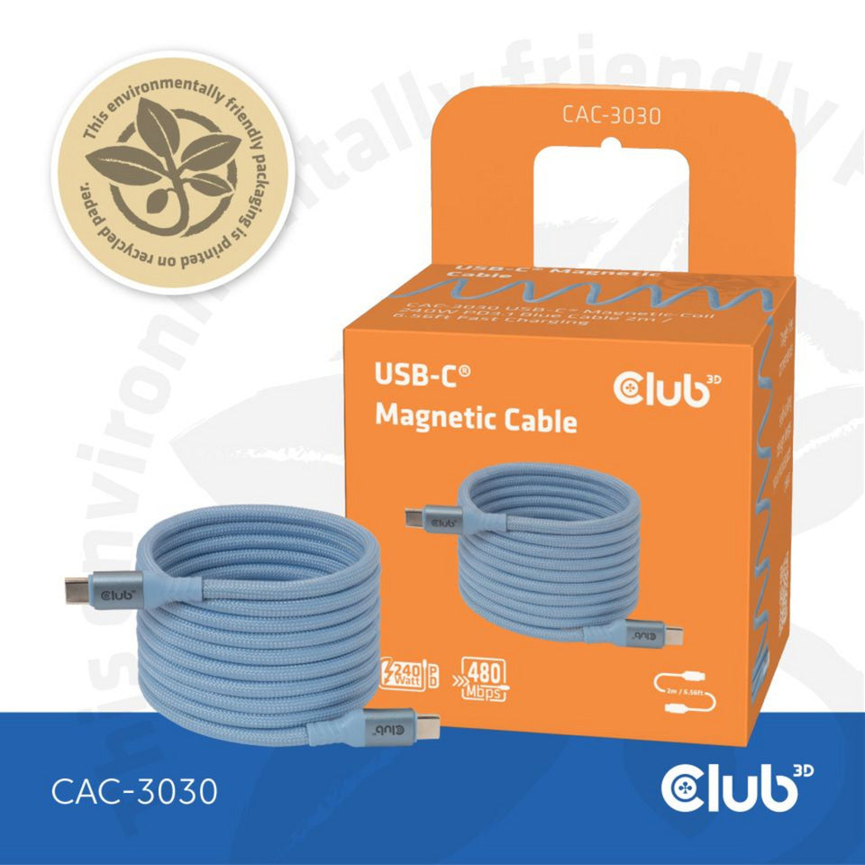 Bobine magnétique Club 3D USB-C 240 W PD3.1 câble bleu, câble de 2 mètres (bleu)