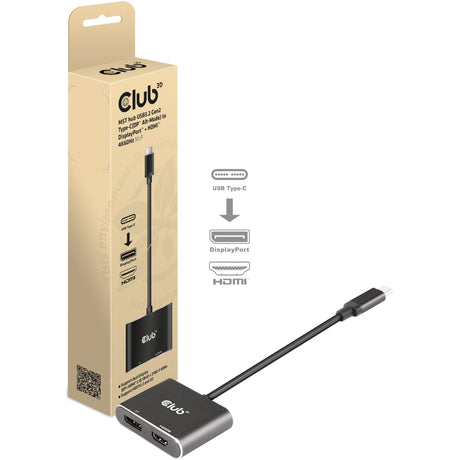 Club 3D MST Hub USB3.2 Gen2 Type-C (DP Alt-Mode) vers DisplayPort + HDMI 4K60Hz M-F (Noir)