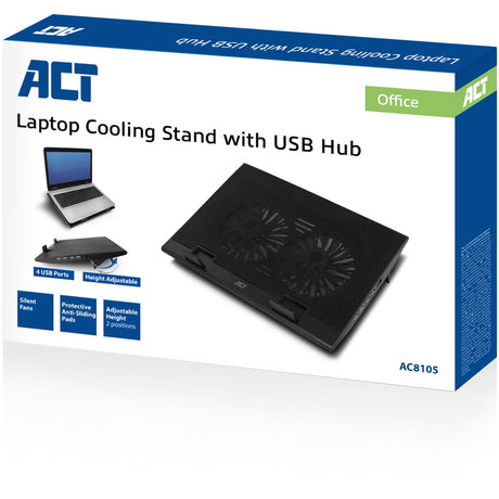 Support pour ordinateur portable Act Connectivity, avec ventilateur, réglable en hauteur sur 2 positions (noir, hub USB 2.0 à 4 ports)