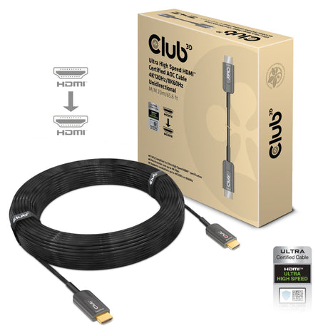 Club 3D Câble unidirectionnel certifié AOC HDMI 2.1 ultra haut débit mâle-mâle (noir, 20 mètres, 4K 120 Hz, 8K 60 Hz, 48 Gbit/s)