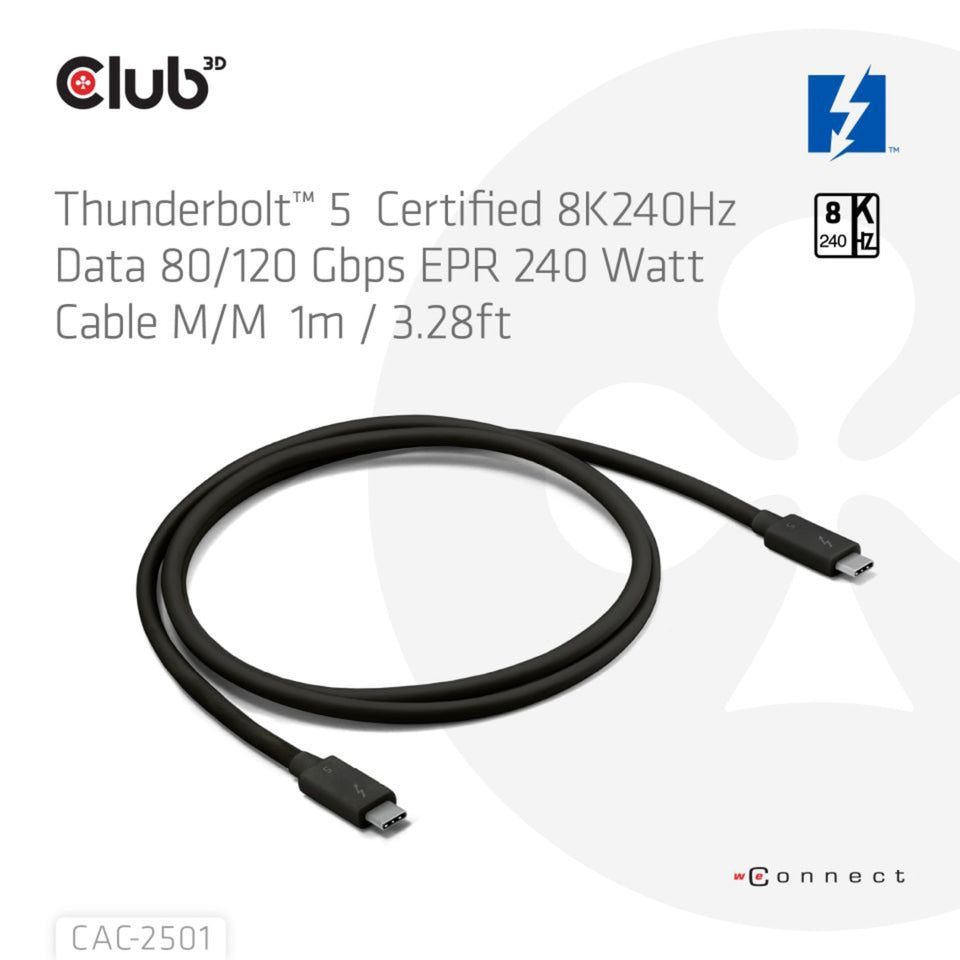 Câble certifié Club 3d Thunderbolt 5 8k240hz (noir, données 80 120 gbps, epr 240 watts, 1 mètre)