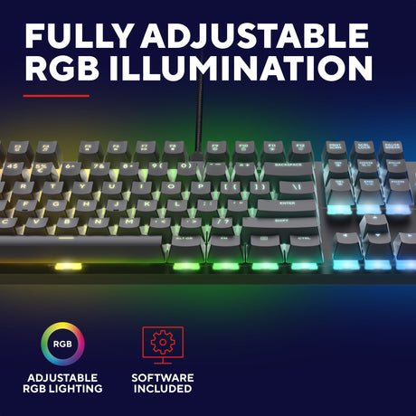 Clavier de jeu mécanique Trust GXT 871 Zora (noir, disposition américaine (QWERTY), Huano Red, 100%, RVB)