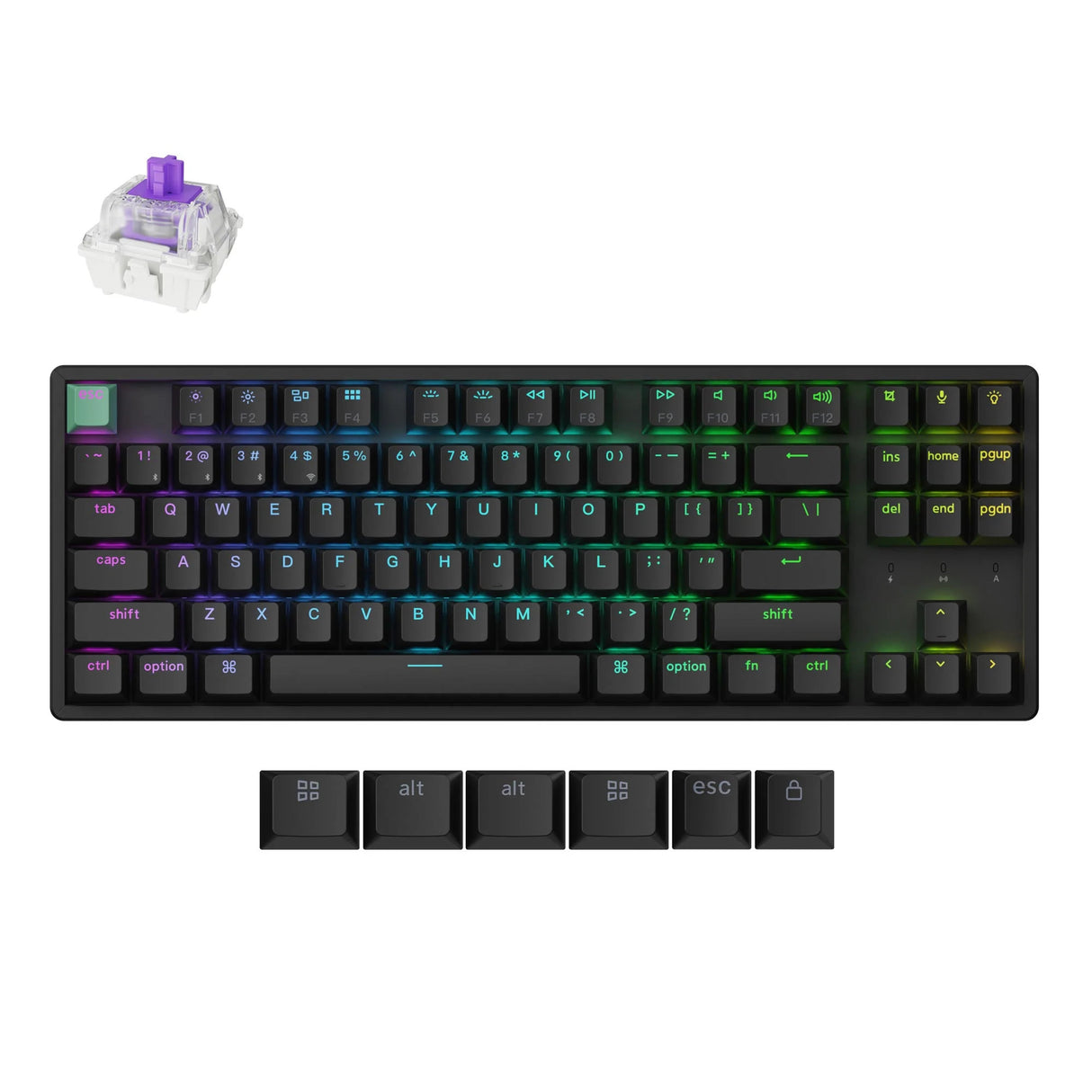 Clavier mécanique Keychron k8 he-j1 rgb (noir, disposition américaine (qwerty), nébuleuse magnétique à double rail gateron, 80 % (tkl), LED rgb, pbt double shot cerise, échange à chaud, usb-c | 2,4 ghz | bluetooth 5.1)