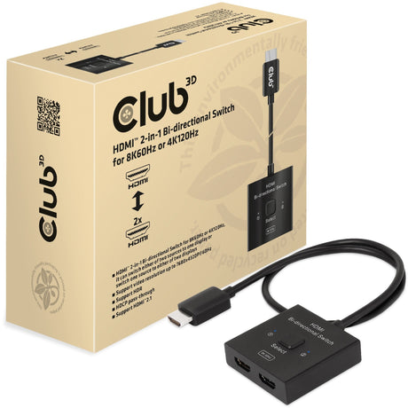 Club 3D Switch HDMI 2-en-1 bidirectionnel pour 8k60hz ou 4k120hz (noir, 0,5 mètre)