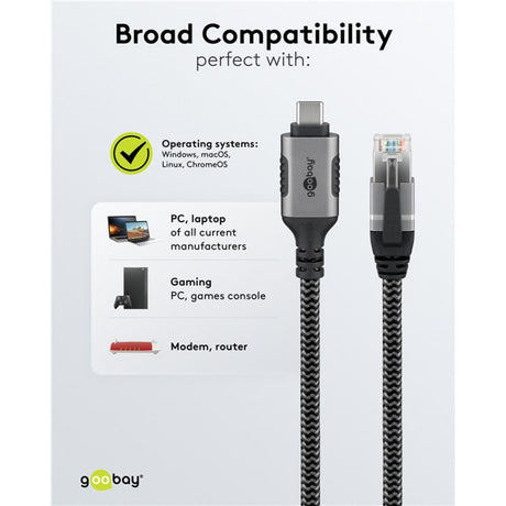 Goobay adaptateur réseau USB-C 3.2 gen1 vers RJ-45 (noir argent, 2 mètres)