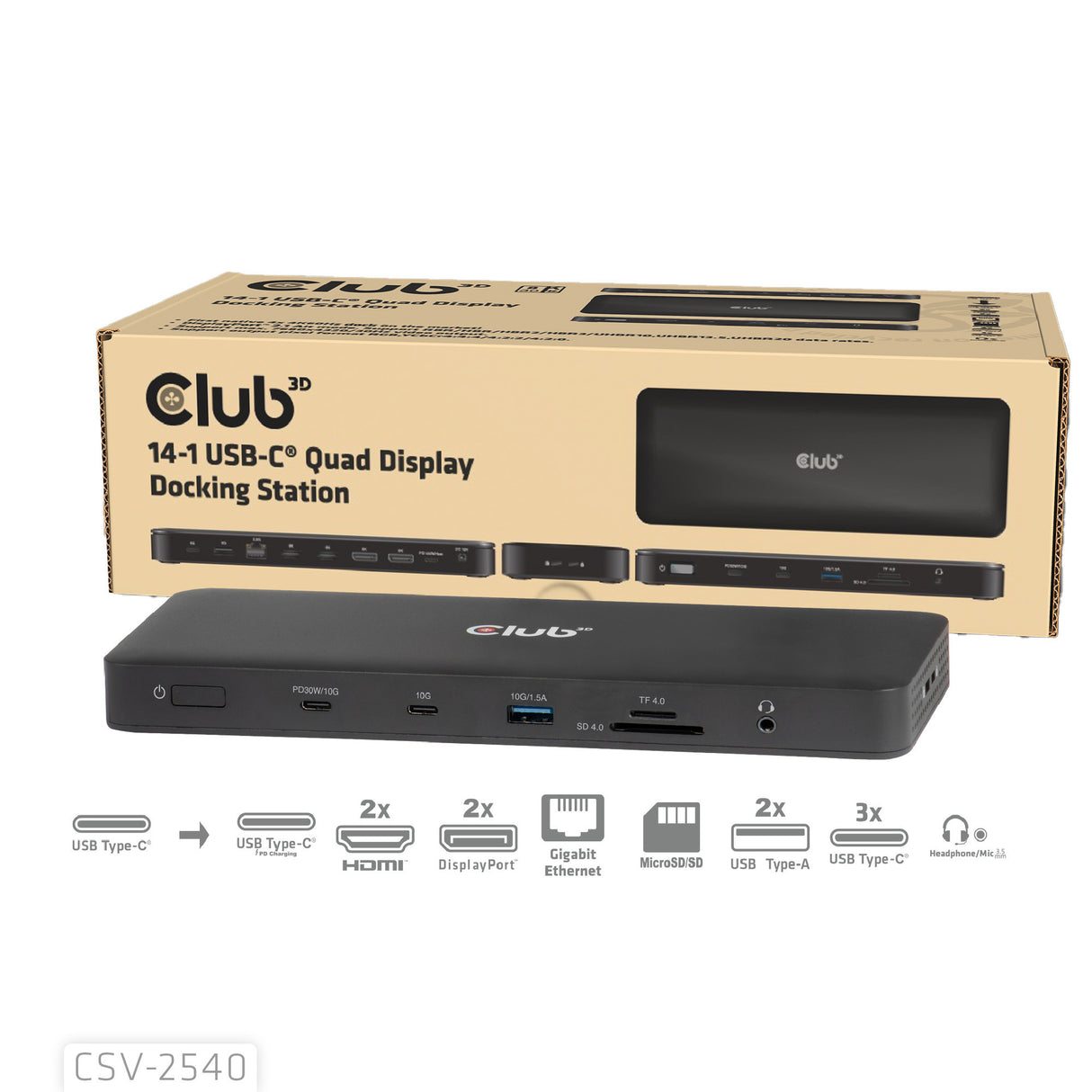 Station d'accueil à quatre écrans USB-C Club 3D 14-1 (noir)