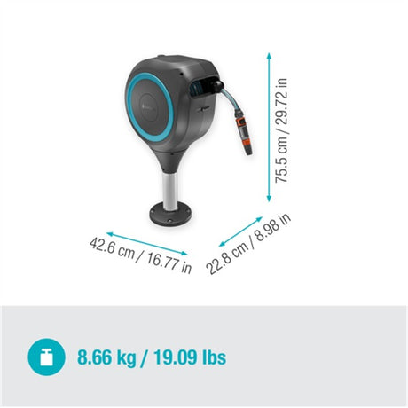 Enrouleur de tuyau enroulable Gardena pour tuyau de terrasse (gris turquoise, 20 mètres, avec seringue de nettoyage)