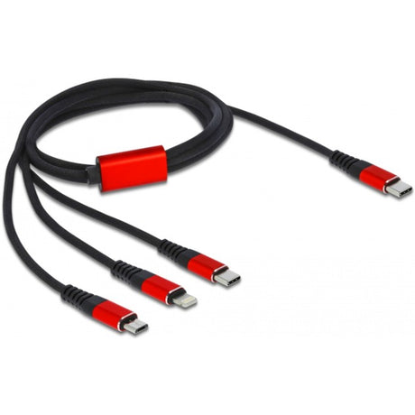 Delock Câble de chargement USB 3-en-1 USB-C vers Lightning + Micro USB + USB-C (noir rouge, 1 mètre)