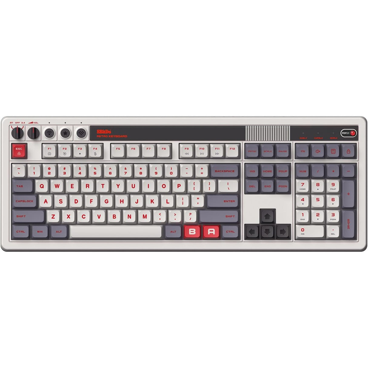 Clavier mécanique rétro 8bitdo n édition (gris, disposition américaine (qwerty), boîte kailh blanche, 100%, bluetooth basse consommation, sans fil 2,4 g, usb)
