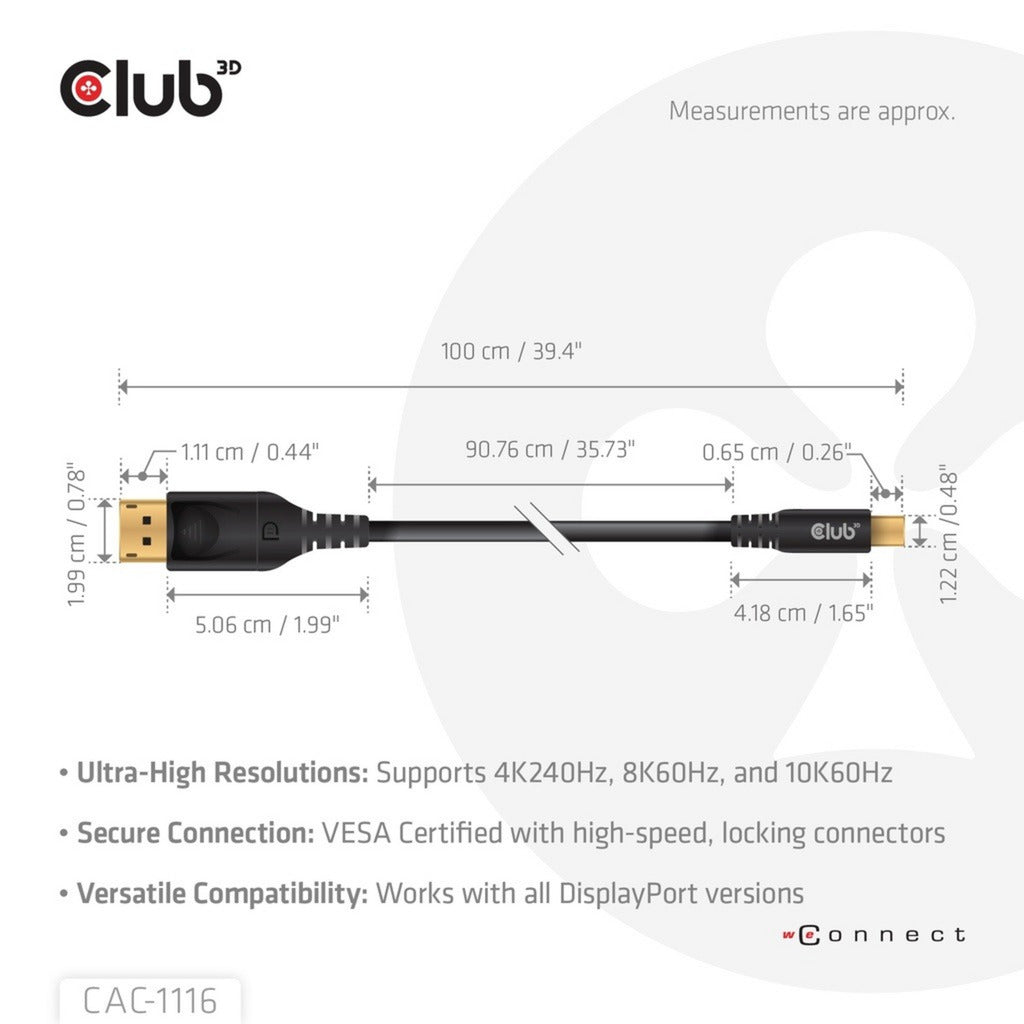 Adaptateur bidirectionnel Club 3D Mini DisplayPort vers DisplayPort DP80 (noir, 1 mètre, certifié Vesa)