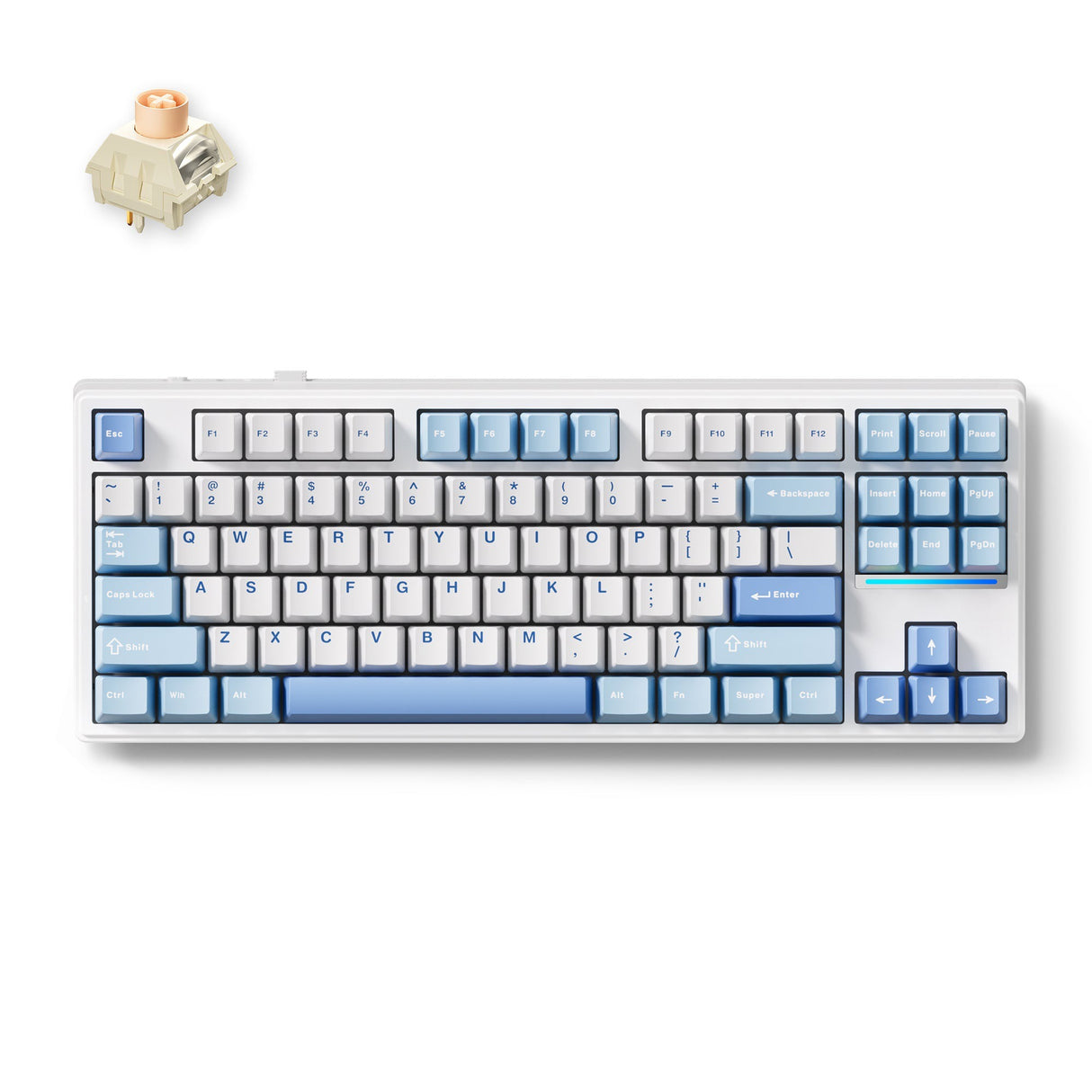Clavier RVB mécanique Mchose K87 Blue Icy Creamsicle (blanc, disposition américaine (QWERTY), Kailh Box Icy Creamsicle, 80 % (TKL), RVB, hot swap, double-shot pbt, sans fil | Bluetooth | USB-C)