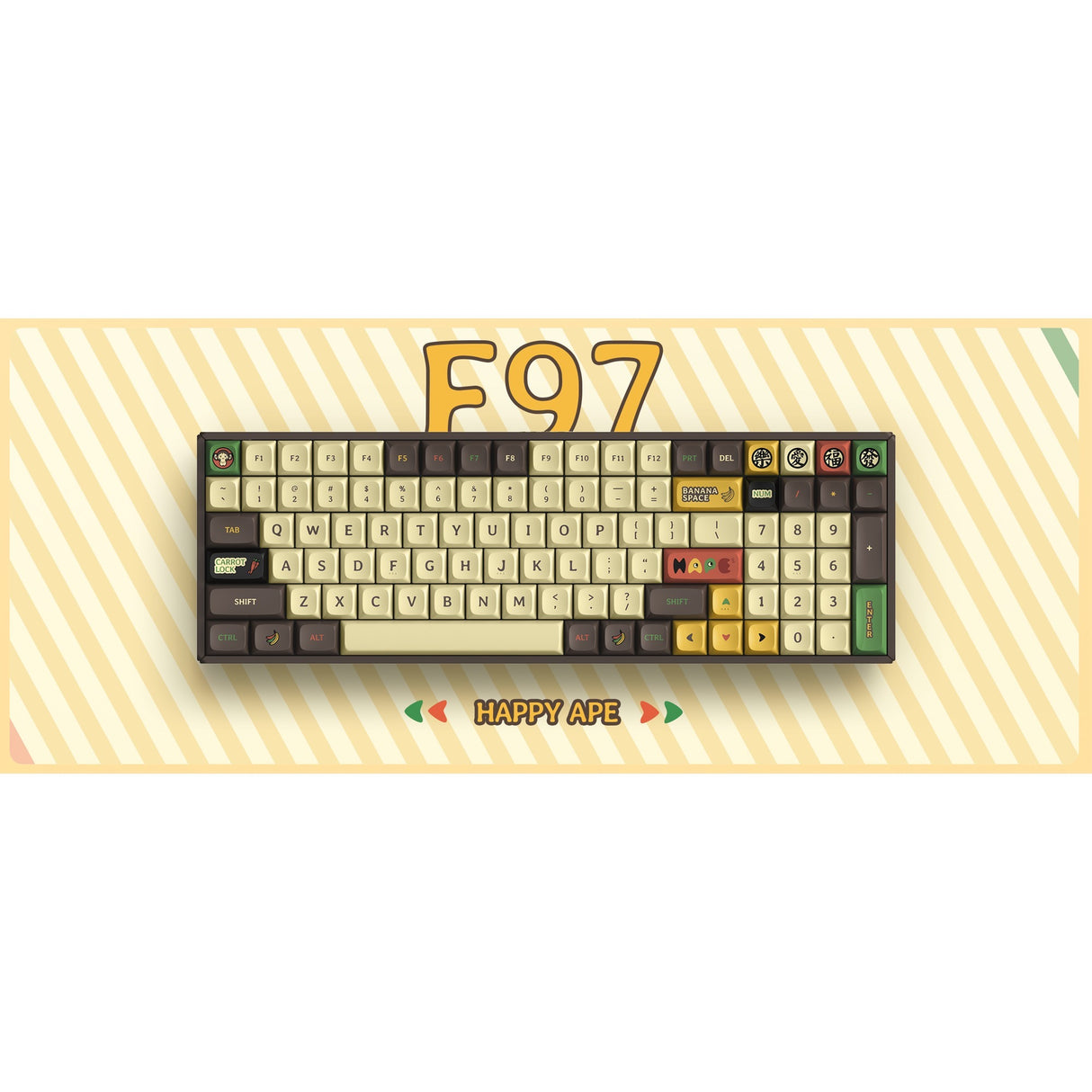 Clavier mécanique sans fil Iqunix f97 happy ape (marron, disposition américaine (qwerty), rouge cerise mx, 96 %, LED RVB, remplaçable à chaud, pbt, 2,4 GHz | Bluetooth 5.1 | USB-C)