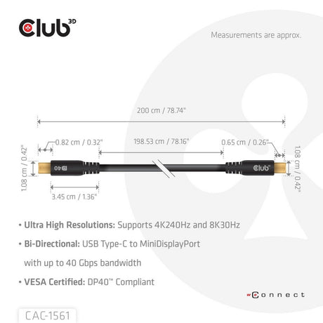 Adaptateur bidirectionnel Club 3D USB-C vers Mini DisplayPort DP40 (noir, 2 mètres, certifié Vesa)