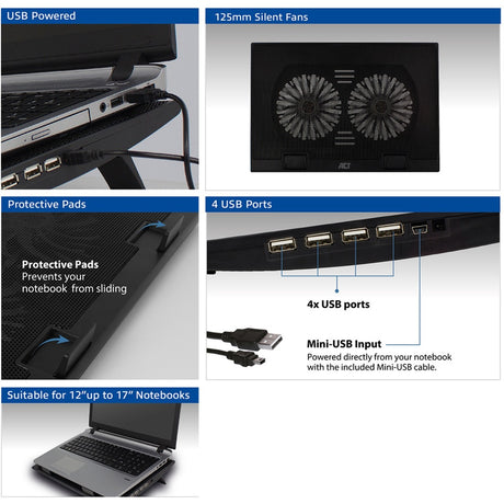 Support pour ordinateur portable Act Connectivity, avec ventilateur, réglable en hauteur sur 2 positions (noir, hub USB 2.0 à 4 ports)