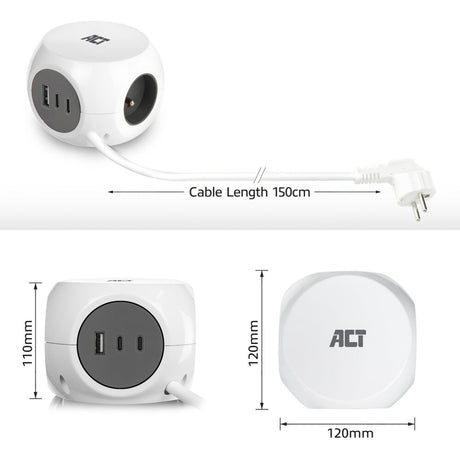 Act Connectivity Act Multiprise Cube avec 3 prises, alimentation 30 W, ports USB-C A, longueur de câble 1,5 m AC2425