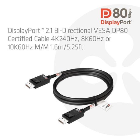 Club 3D DisplayPort 2.1 Câble certifié Vesa DP80 mâle-mâle (noir, 1,6 mètre, 8K 240 Hz, 10K 60 Hz, 80 Gbit/s)