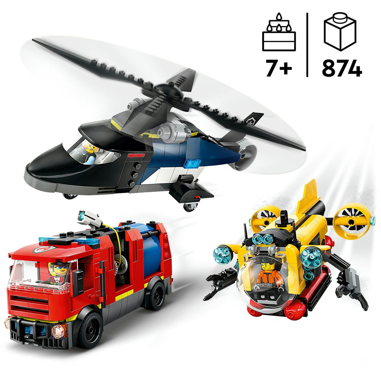 Lego city 60462 remix d'un hélicoptère, d'un camion de pompiers et d'un sous-marin
