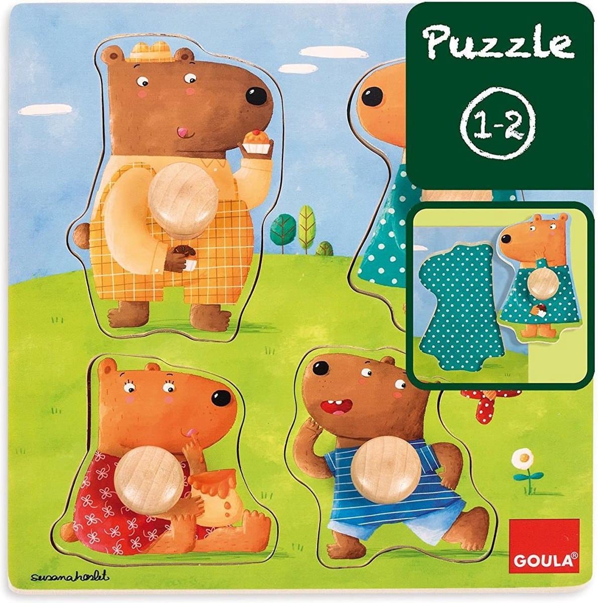 Puzzle Goula - puzzle de boutons en bois avec 4 ours - 4 pièces