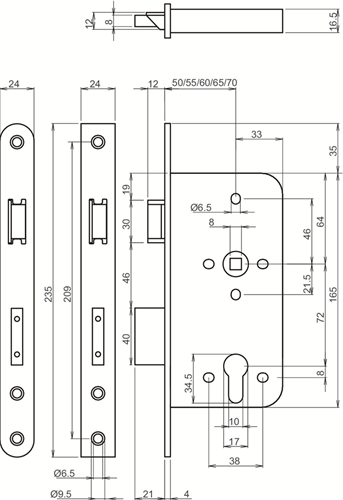 Lips 2422 veiligheidsdeurslot | skg** | dm65mm | pc72mm | krukgat 8mm | voorplaat rvs 24x235mm rechthoekig | dr 1+3 2+4 - 7266603