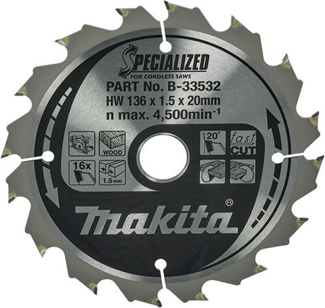 Accessoires Makita lame de scie circulaire | bois | 136x20x1,5 16t 20g - b-33532