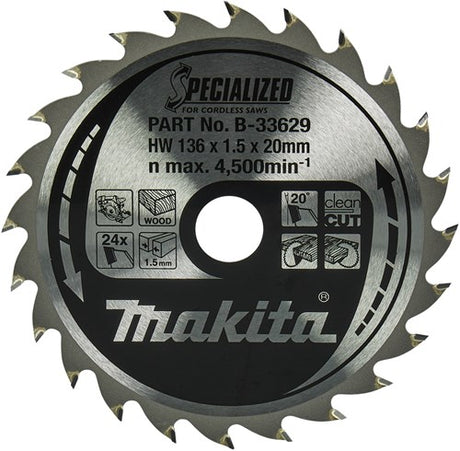 Accessoires Makita lame de scie circulaire | bois | 136x20x1,5 24t 20g - b-33629