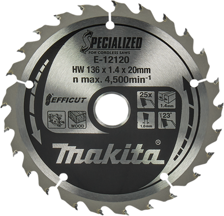 Accessoires Makita lame de scie circulaire bois | efficacité 136x20x1,5 25t 23g - e-12120 - e-12120