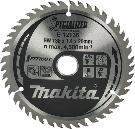 Accessoires Makita lame de scie circulaire bois | efficace 136x20x1,5 45t 23g - e-12136 - e-12136