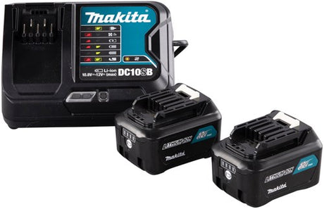 Kit source d'alimentation accessoires Makita : chargeur DC10SB + 2x batterie coulissante Li-Ion BL1041B 12V Max (10,8V) - 4,0Ah - 191L68-0
