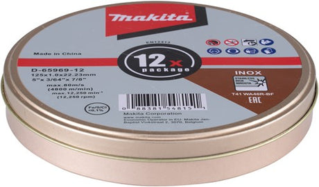 Accessoires Makita d-65969-12 | disque à tronçonner acier inoxydable | 12 pièces en boîte | 125x22,23x1,2mm - d-65969-12