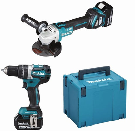 Makita dlx2272tj 18v lxt ensemble 2 pièces : meuleuse d'angle dga513 + perceuse (à percussion) dhp484 2 piles 5,0ah