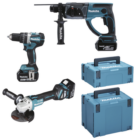 Makita DLX3093TJ 18V LXT Coffret 3 pièces : meuleuse d'angle DGA513 + perceuse (à percussion) DHP484 + marteau perforateur MR202 avec 3 batteries 5,0 Ah - DLX3093TJ