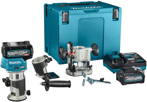 Makita rt001gm205 fraise de dessus et de bord | 40 V maximum | Batterie 2 x 4,0 Ah + chargeur rapide | y compris pieds divers | dans mbox rt001gm205