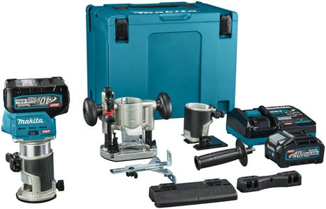 Makita rt001gm206 fraise supérieure et latérale | 40 V maximum | Batterie 2 x 4,0 Ah + chargeur rapide | y compris divers pieds + adaptateur de rail de guidage | dans mbox-rt001gm206