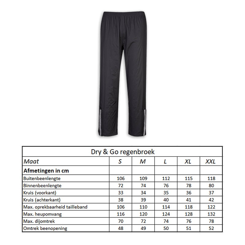 Pantaloni da pioggia asciutti GO Dimensioni S