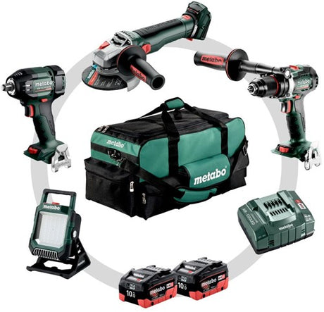 Ensemble combiné Metabo 4.3.2 | ensemble de batteries 18v bs 18 ltx bl + ssw 18 ltx 400 bl + wb 18 ltx bl 11-125 q + bsa 18 led dans un sac à outils (2x batterie lihd 10,0ah + chargeur asc 145) - 685209000