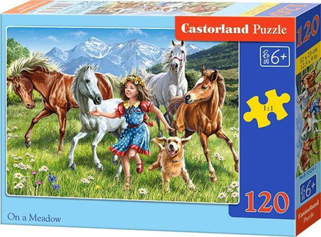 Puzzle Castorland - fille et chevaux dans un pré de montagne - 120 pièces