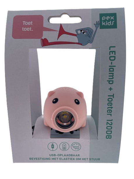 Pexkids klaxon de vélo cochon avec lampe LED USB rose