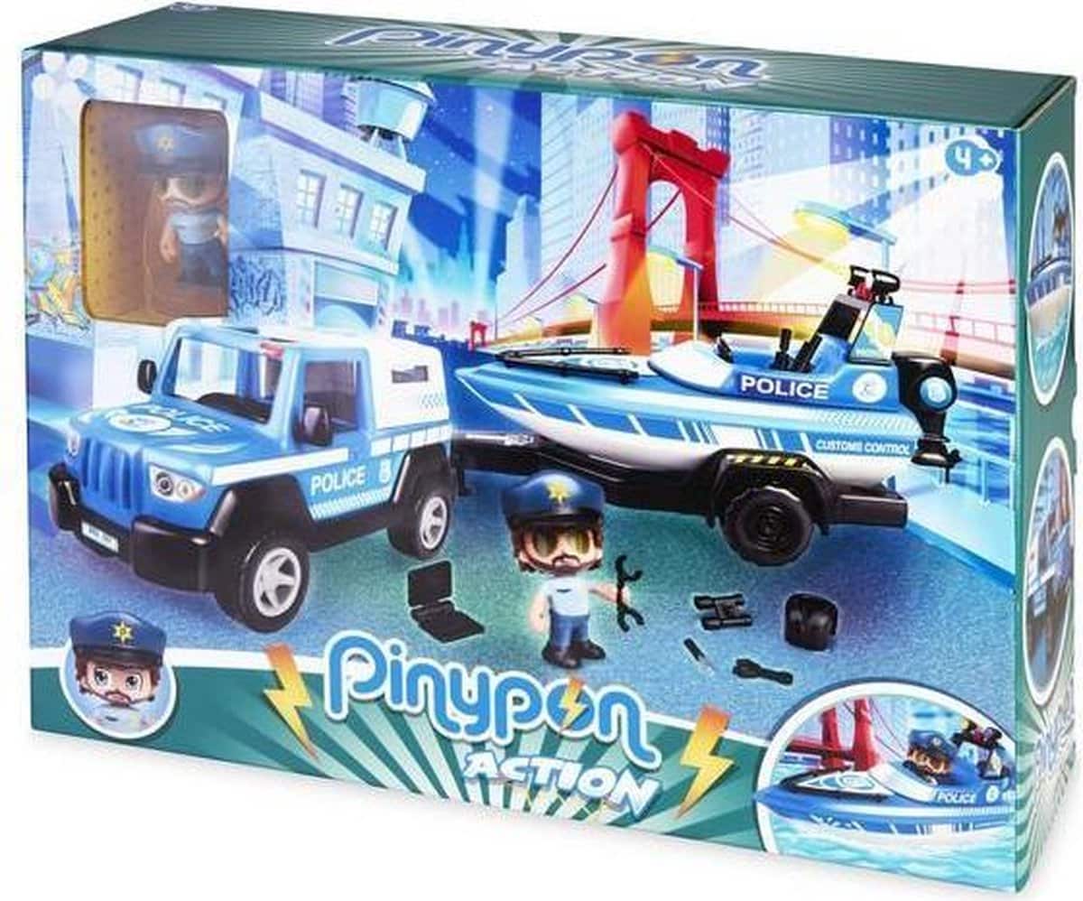 Famosa pinypon - voiture de police avec remorque, bateau et figurine de jeu