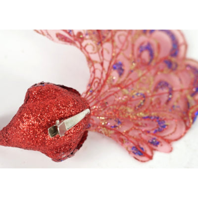 Paon sur pince paillettes rouge 18 cm | 12 pièces