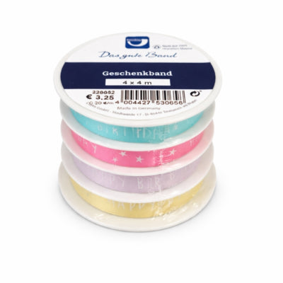 Ruban cadeau corne joyeux anniversaire pastel 4 m lot de 4 | 24 pièces