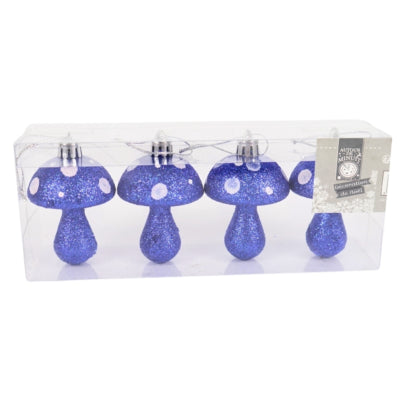 Pendentif de Noël champignon paillettes bleu 7 cm lot de 4 | 24 pièces