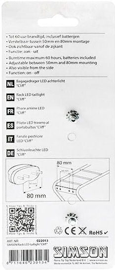 Simson Battery Luggage Rack Cliff de luz trasera 1 LED o