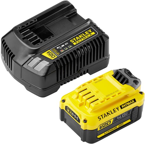 Chargeur de kit de démarrage Stanley fatmax v20 18v (jaune noir, chargeur (2a) et batterie (4,0ah) inclus)