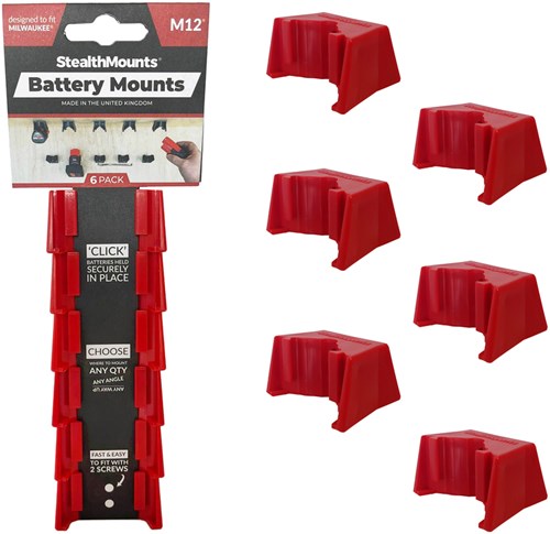Supports de batterie à montage furtif pour Milwaukee M12 | rouge | 6 pièces - bm-mw12-red-6