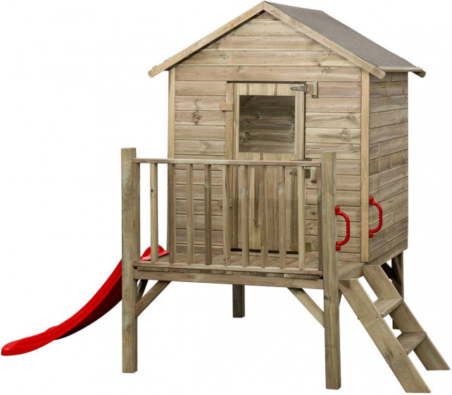 Swinging Camilla Wooden Playhouse avec toboggan rouge naturel